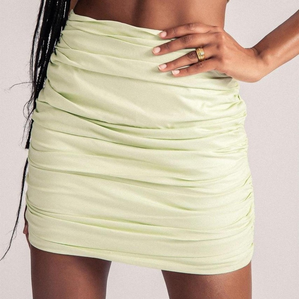Meshki Ronnie Mini Skirt Size 6 Green Cream Cotton Ruched High Waist Pull-On